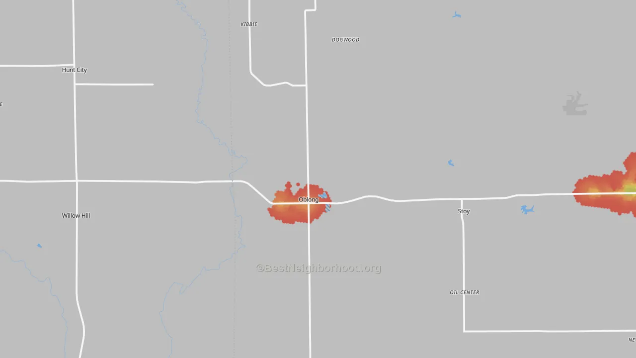 Walk Grade map of Oblong, IL, walkable areas in green and car-dependent areas in red