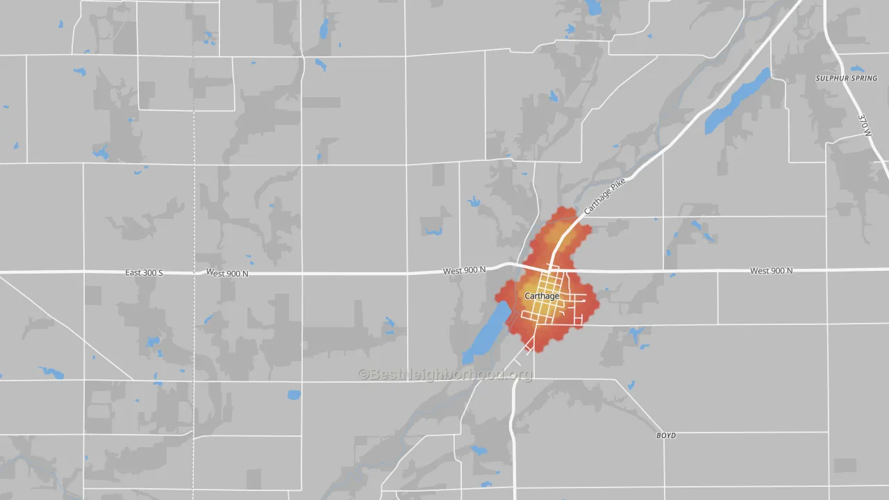 Walk Grade map of Occident, IN, walkable areas in green and car-dependent areas in red