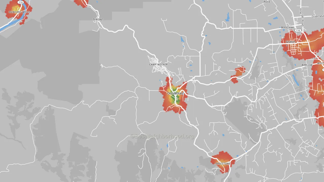 Walk Grade map of Occidental, CA, walkable areas in green and car-dependent areas in red