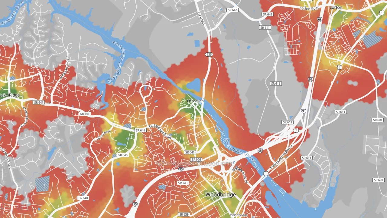 Walk Grade map of Occoquan, VA, walkable areas in green and car-dependent areas in red