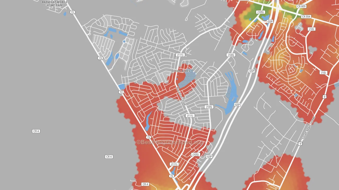 Walk Grade map of Ocean Acres, NJ, walkable areas in green and car-dependent areas in red