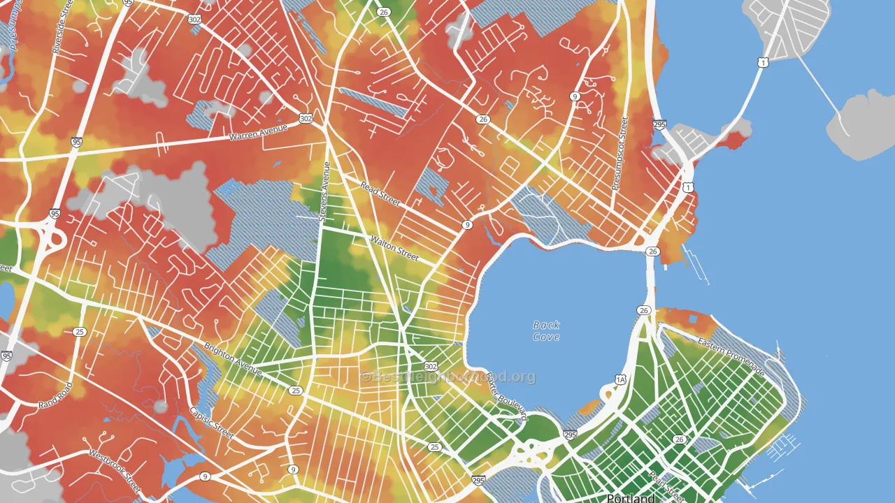 Walk Grade map of Ocean Avenue, Portland, ME, walkable areas in green and car-dependent areas in red