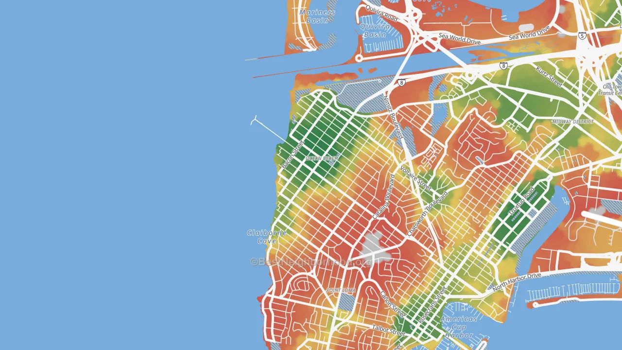 Walk Grade map of Ocean Beach, San Diego, CA, walkable areas in green and car-dependent areas in red