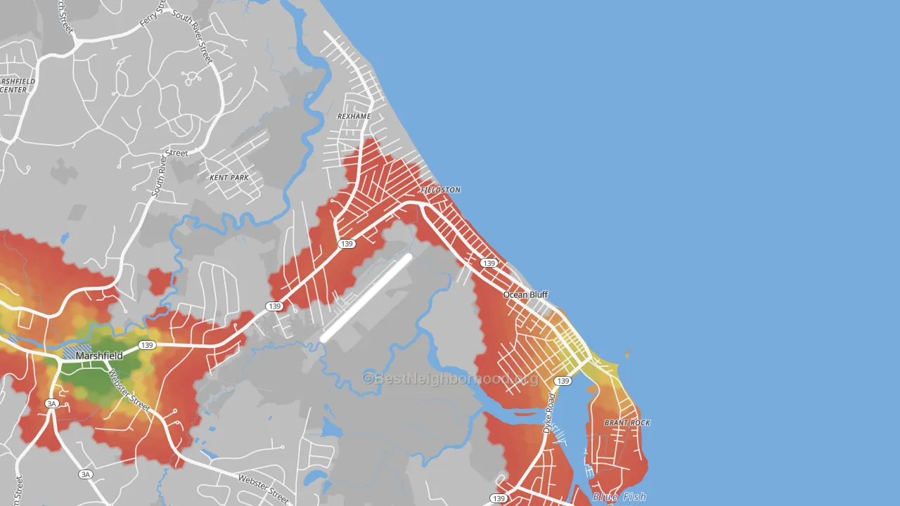 Walk Grade map of Ocean Bluff-Brant Rock, MA, walkable areas in green and car-dependent areas in red