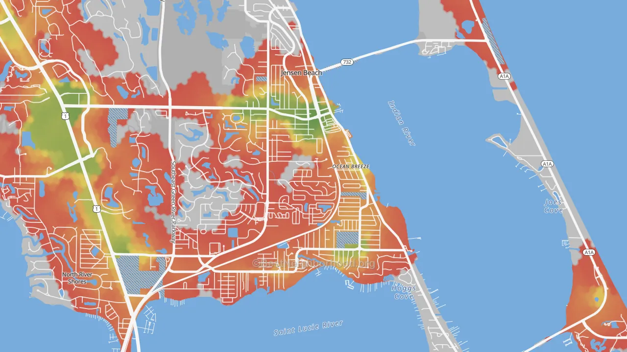 Walk Grade map of Ocean Breeze Park, FL, walkable areas in green and car-dependent areas in red