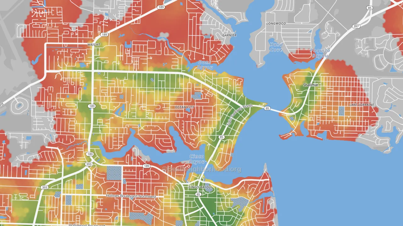 Walk Grade map of Ocean City, FL, walkable areas in green and car-dependent areas in red