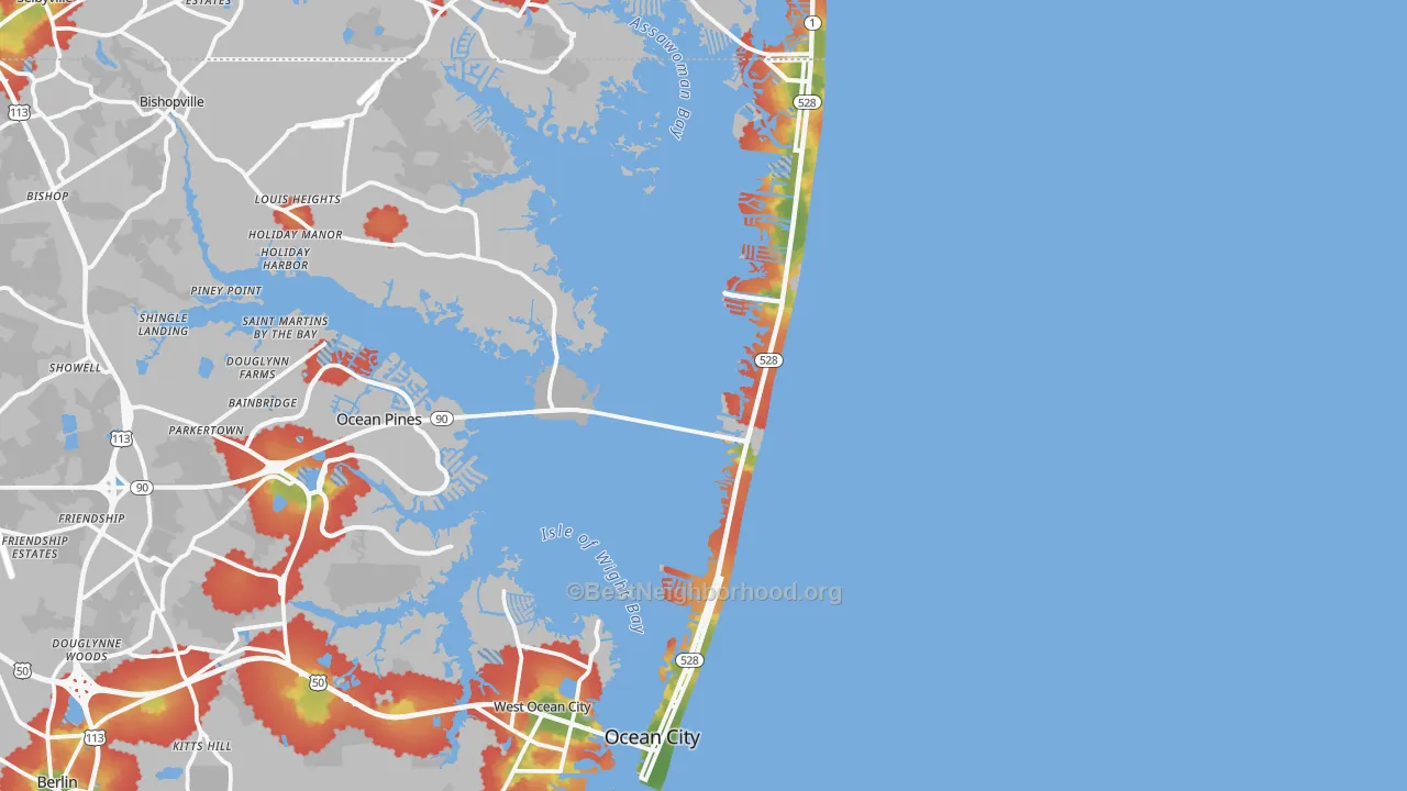 Walk Grade map of Ocean City, MD, walkable areas in green and car-dependent areas in red