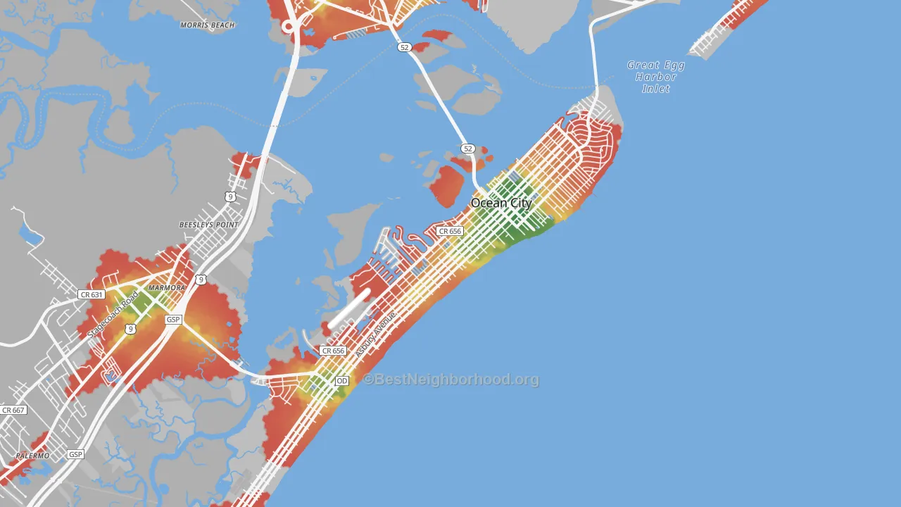 Walk Grade map of Ocean City, NJ, walkable areas in green and car-dependent areas in red