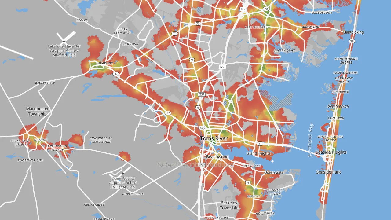 Walk Grade map of Ocean County, NJ, walkable areas in green and car-dependent areas in red