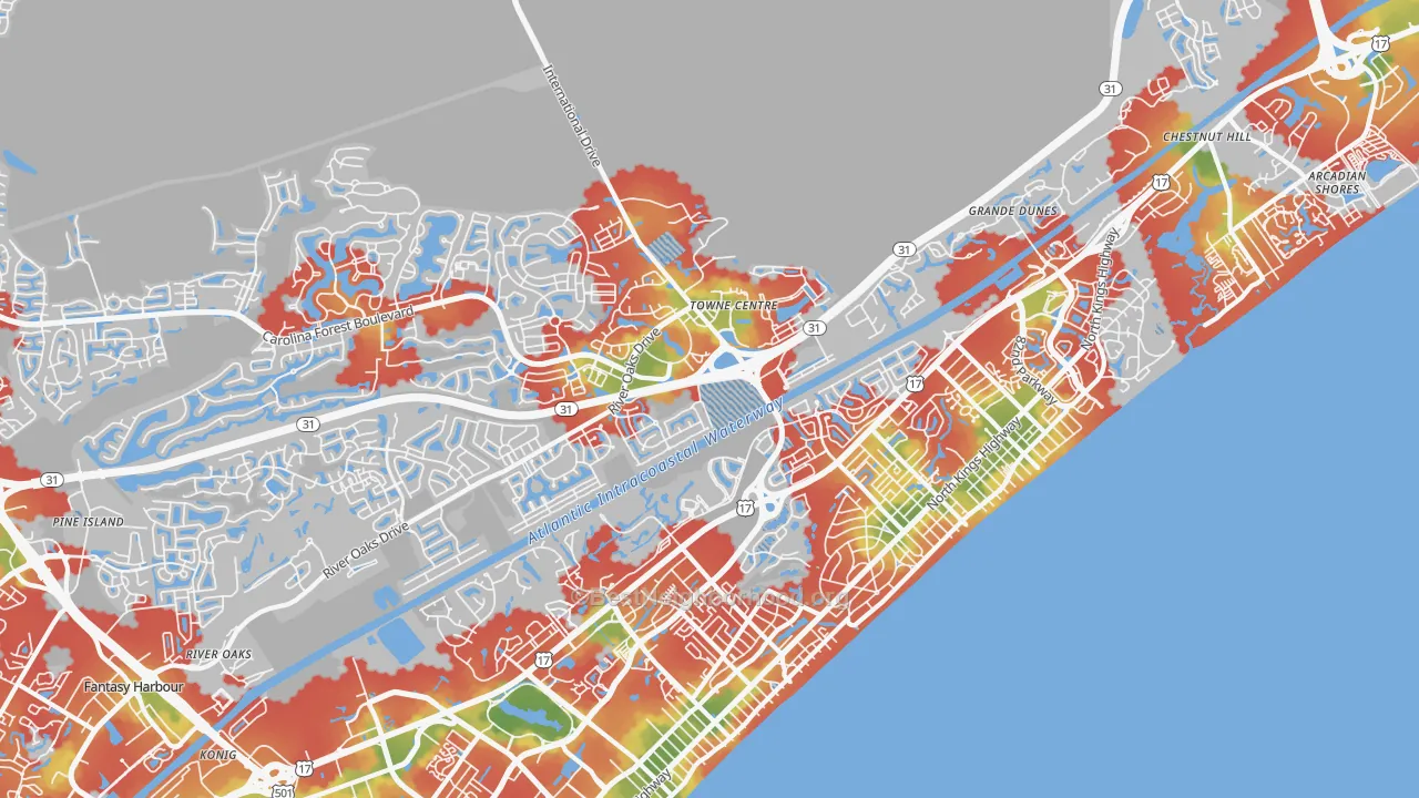 Walk Grade map of Ocean Forest, SC, walkable areas in green and car-dependent areas in red