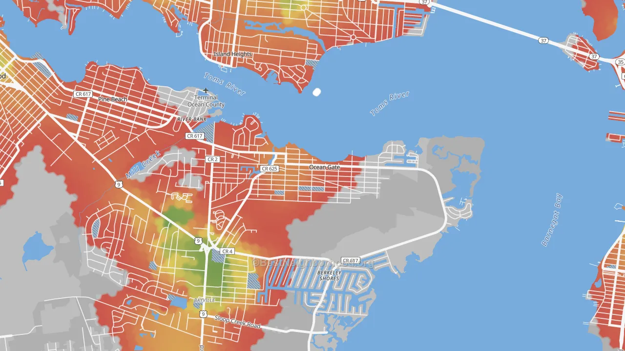 Walk Grade map of Ocean Gate, NJ, walkable areas in green and car-dependent areas in red