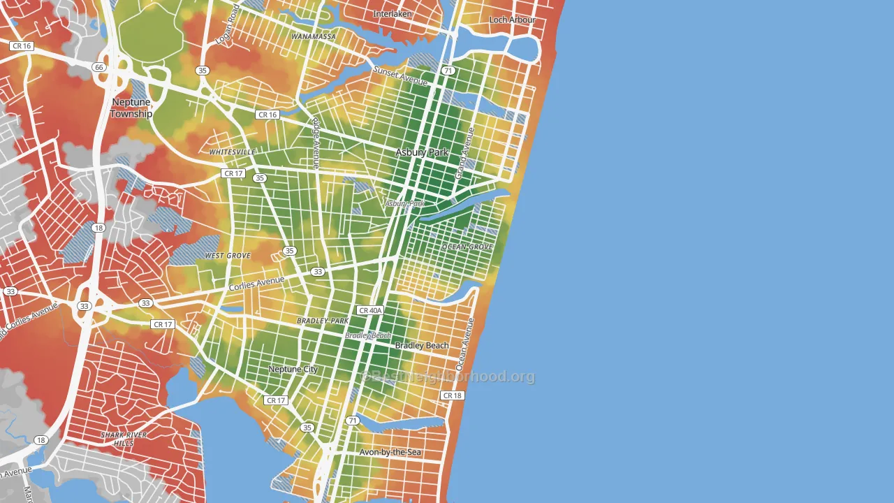 Walk Grade map of Ocean Grove, NJ, walkable areas in green and car-dependent areas in red