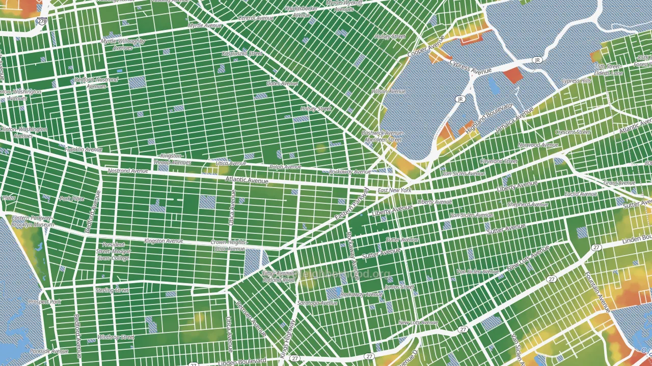 Walk Grade map of Ocean Hill, Brooklyn, NY, walkable areas in green and car-dependent areas in red