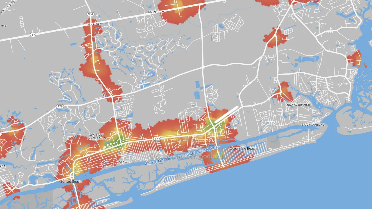 Walk Grade map of Ocean Isle Beach, NC, walkable areas in green and car-dependent areas in red
