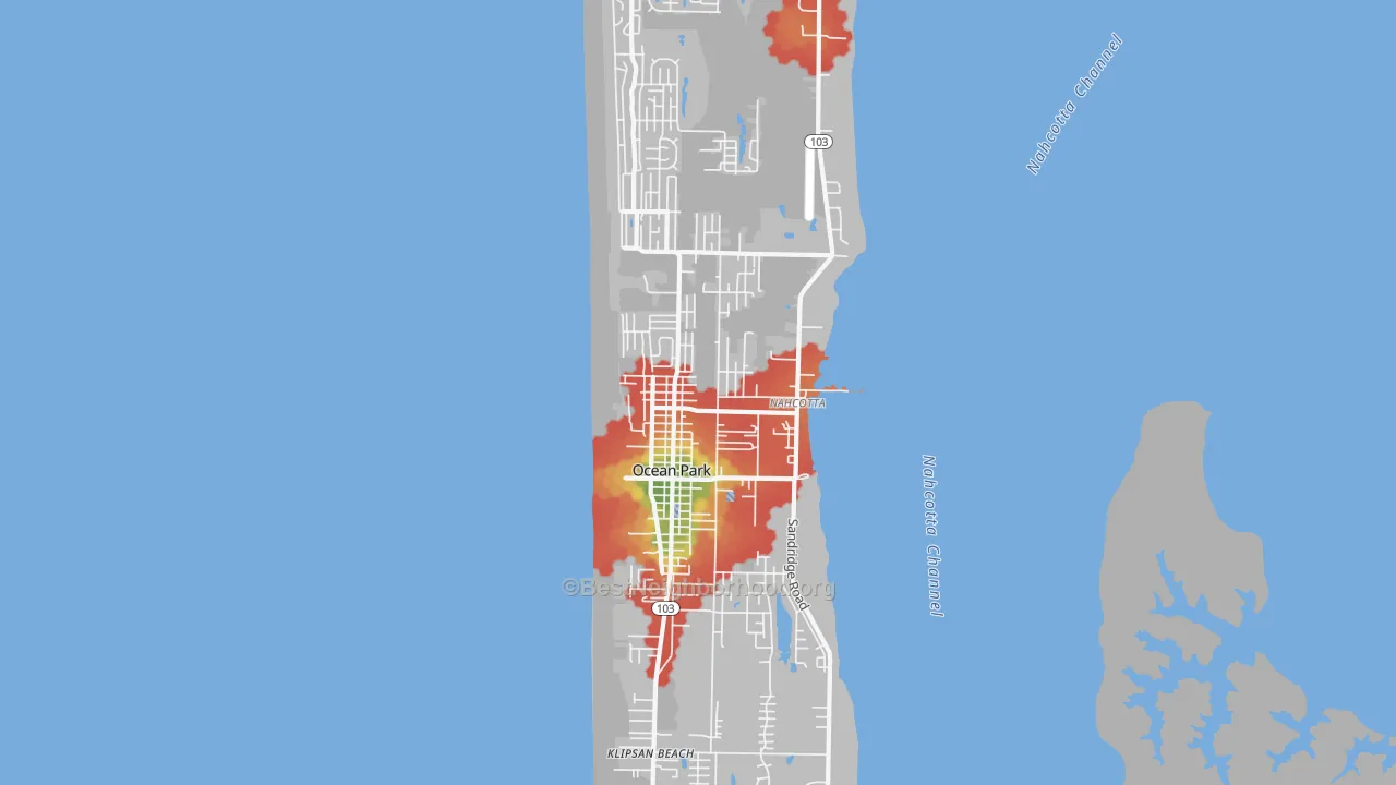 Walk Grade map of Ocean Park, WA, walkable areas in green and car-dependent areas in red