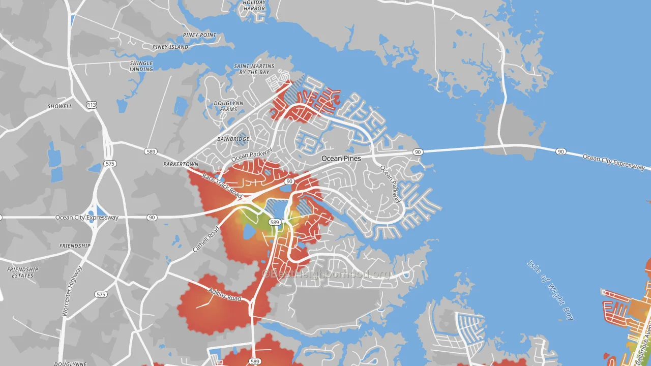 Walk Grade map of Ocean Pines, MD, walkable areas in green and car-dependent areas in red