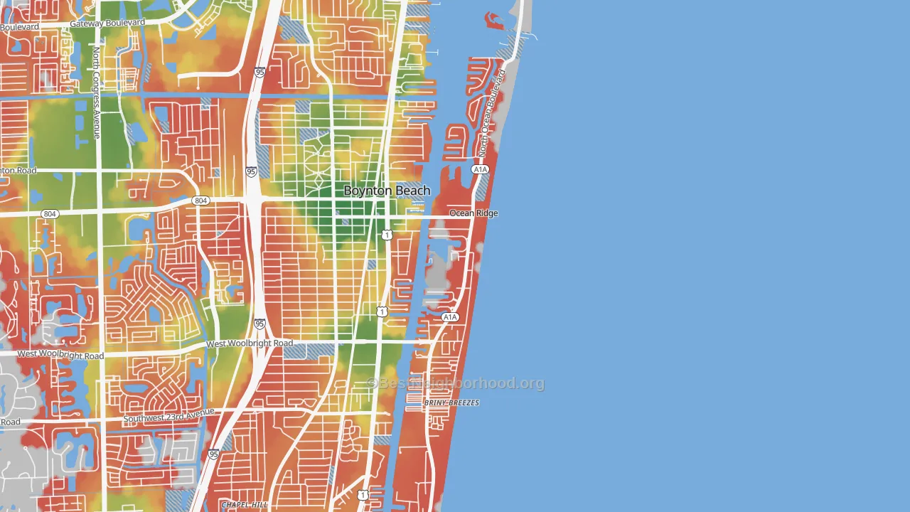 Walk Grade map of Ocean Ridge, FL, walkable areas in green and car-dependent areas in red