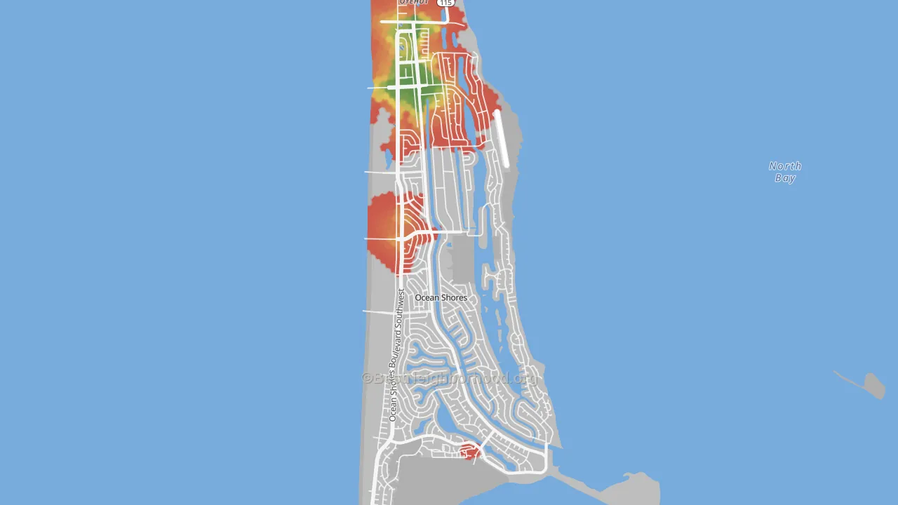 Walk Grade map of Ocean Shores, WA, walkable areas in green and car-dependent areas in red