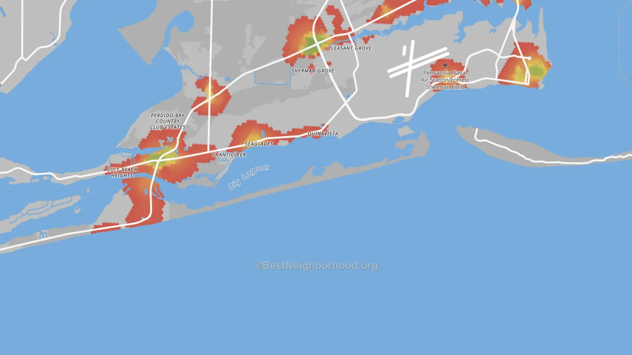 Walk Grade map of Ocean Springs, FL, walkable areas in green and car-dependent areas in red