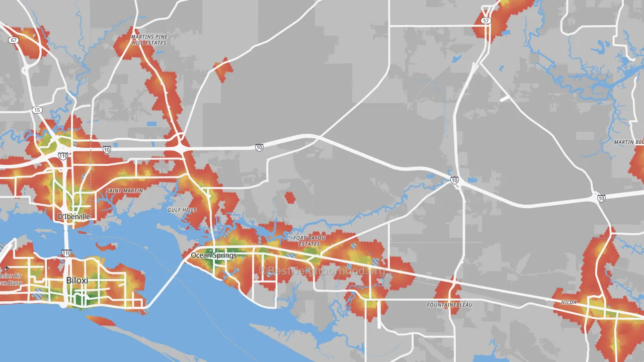 Walk Grade map of Ocean Springs, MS, walkable areas in green and car-dependent areas in red