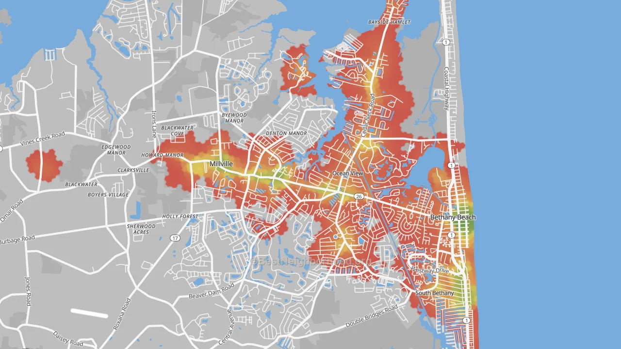Walk Grade map of Ocean View, DE, walkable areas in green and car-dependent areas in red