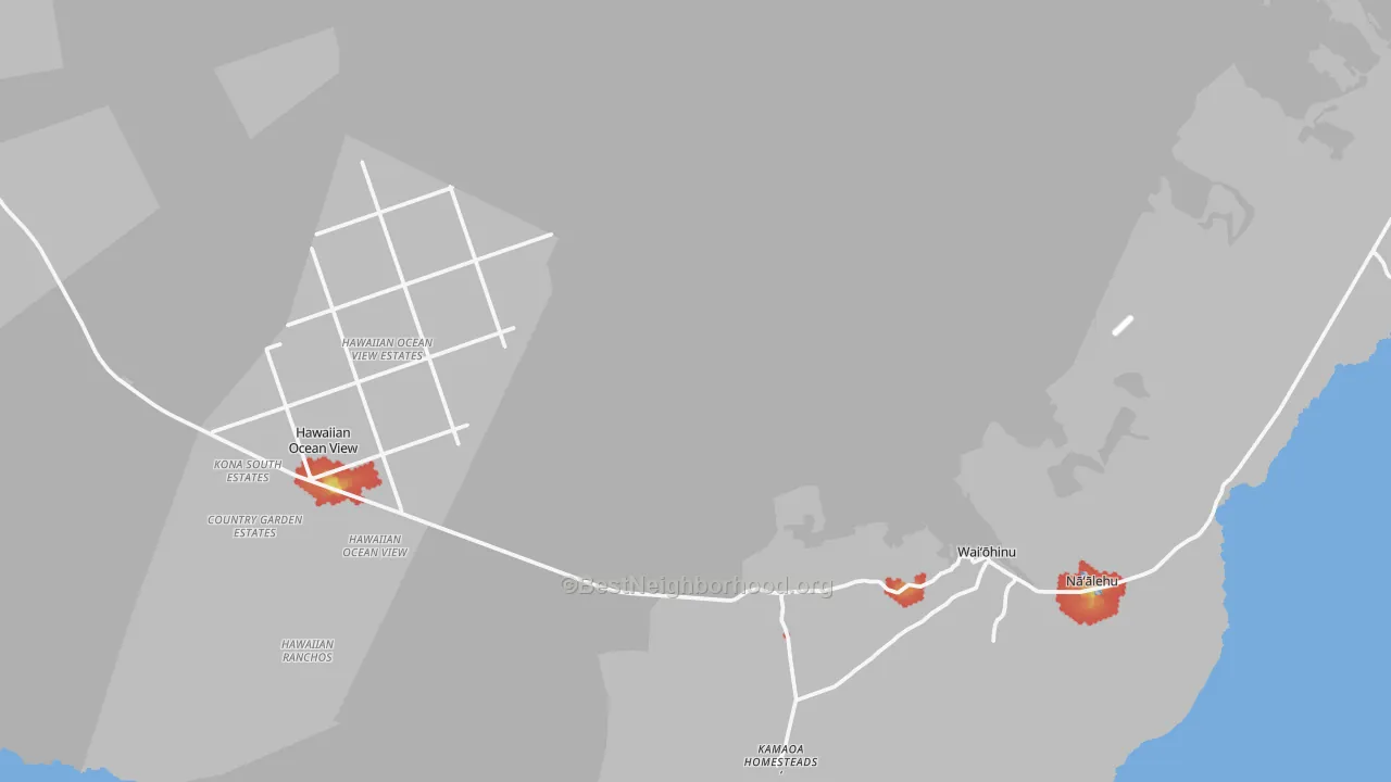 Walk Grade map of Ocean View, HI, walkable areas in green and car-dependent areas in red