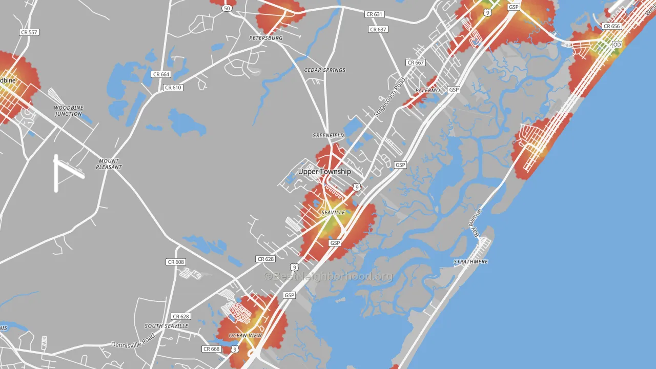 Walk Grade map of Ocean View, NJ, walkable areas in green and car-dependent areas in red