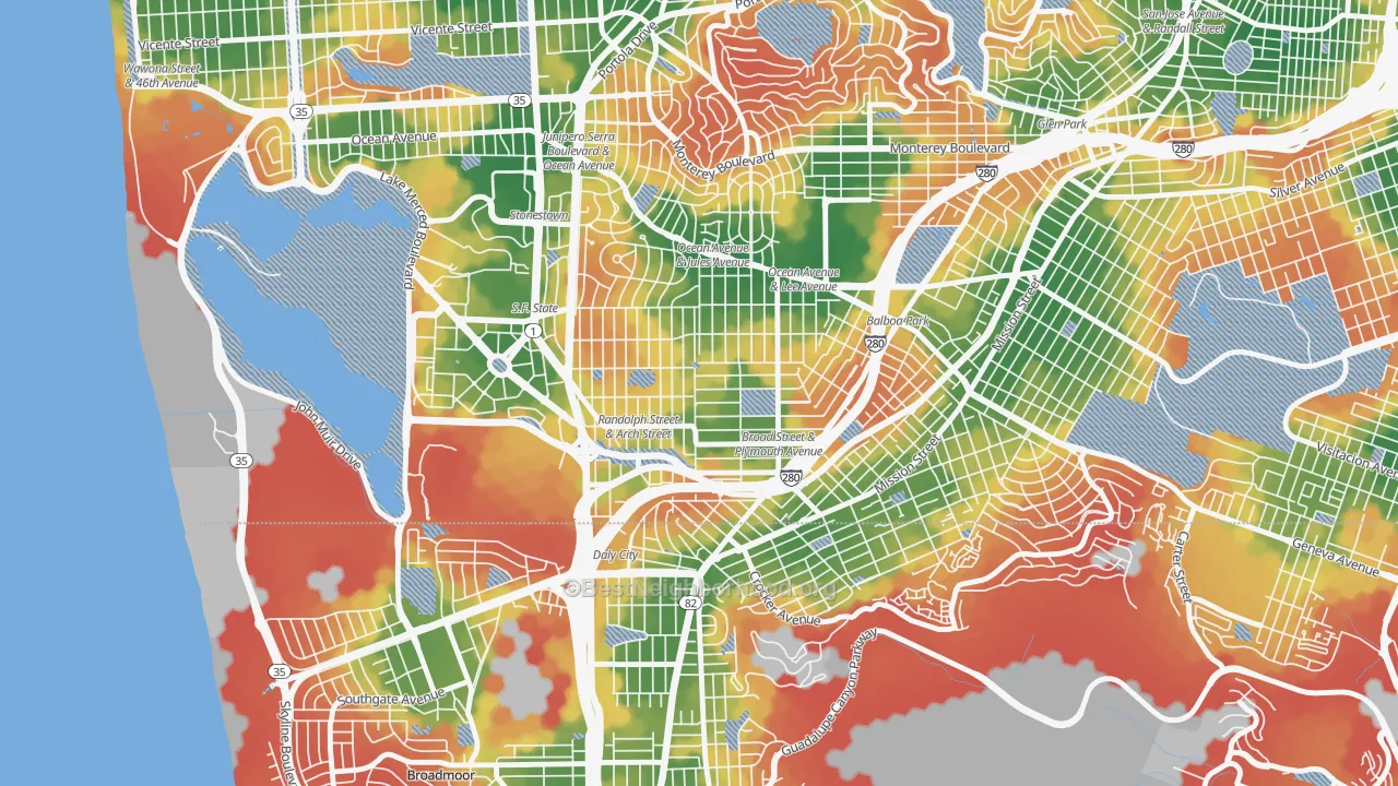 Walk Grade map of Ocean View, San Francisco, CA, walkable areas in green and car-dependent areas in red
