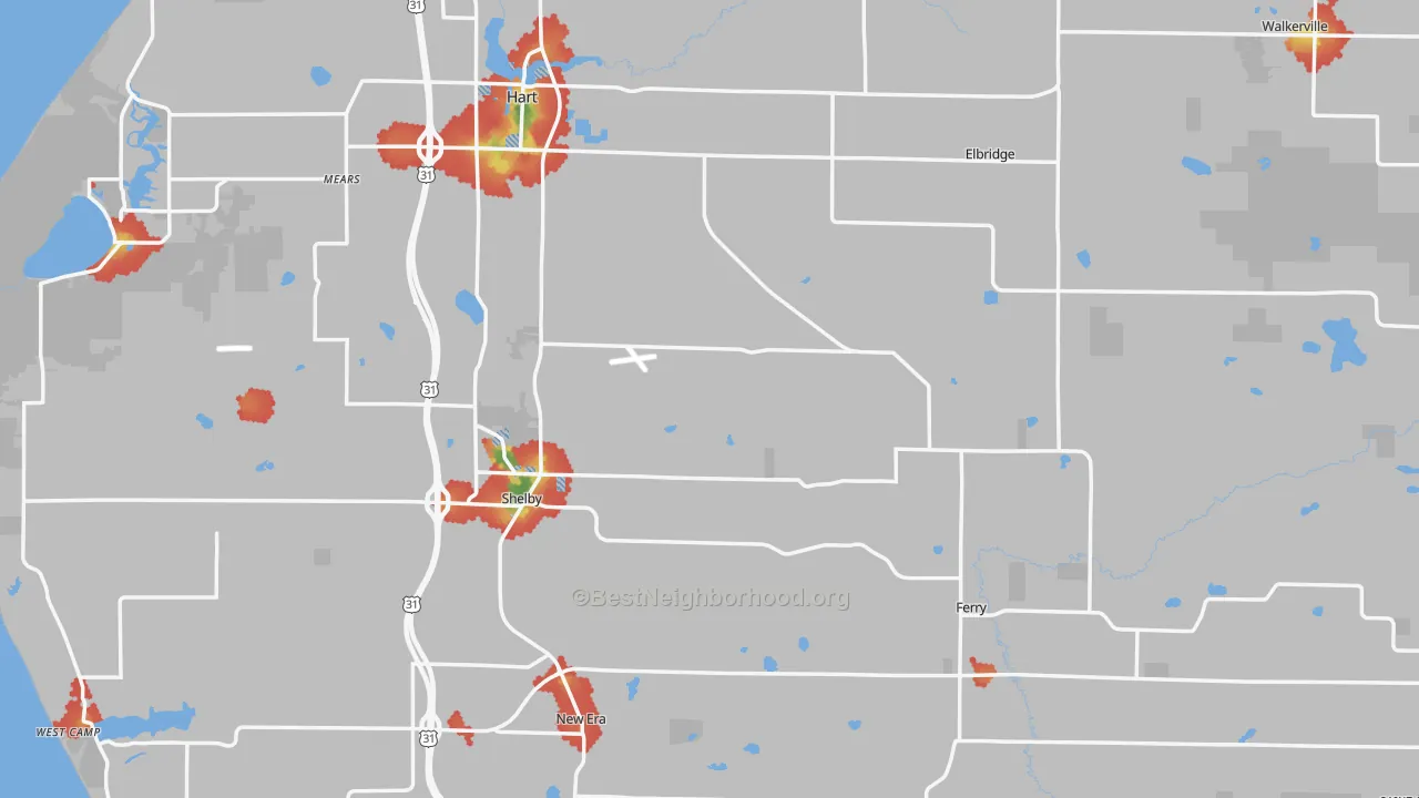 Walk Grade map of Oceana County, MI, walkable areas in green and car-dependent areas in red