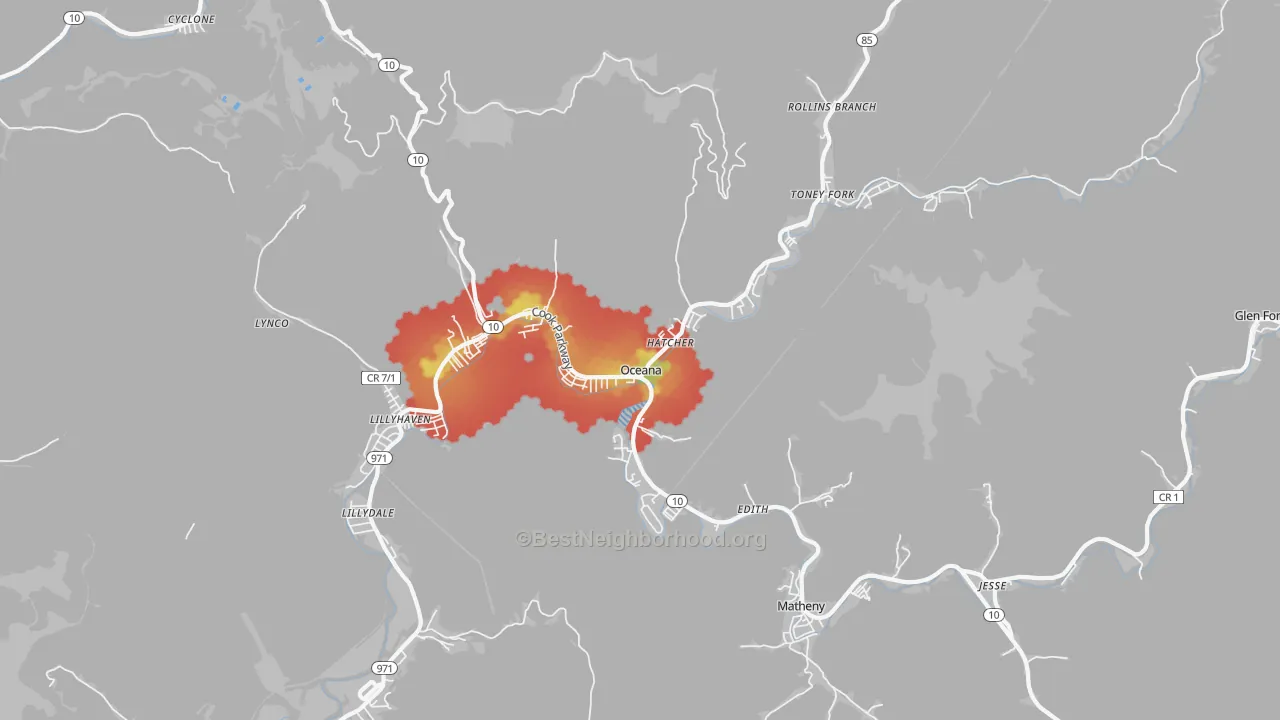 Walk Grade map of Oceana, WV, walkable areas in green and car-dependent areas in red