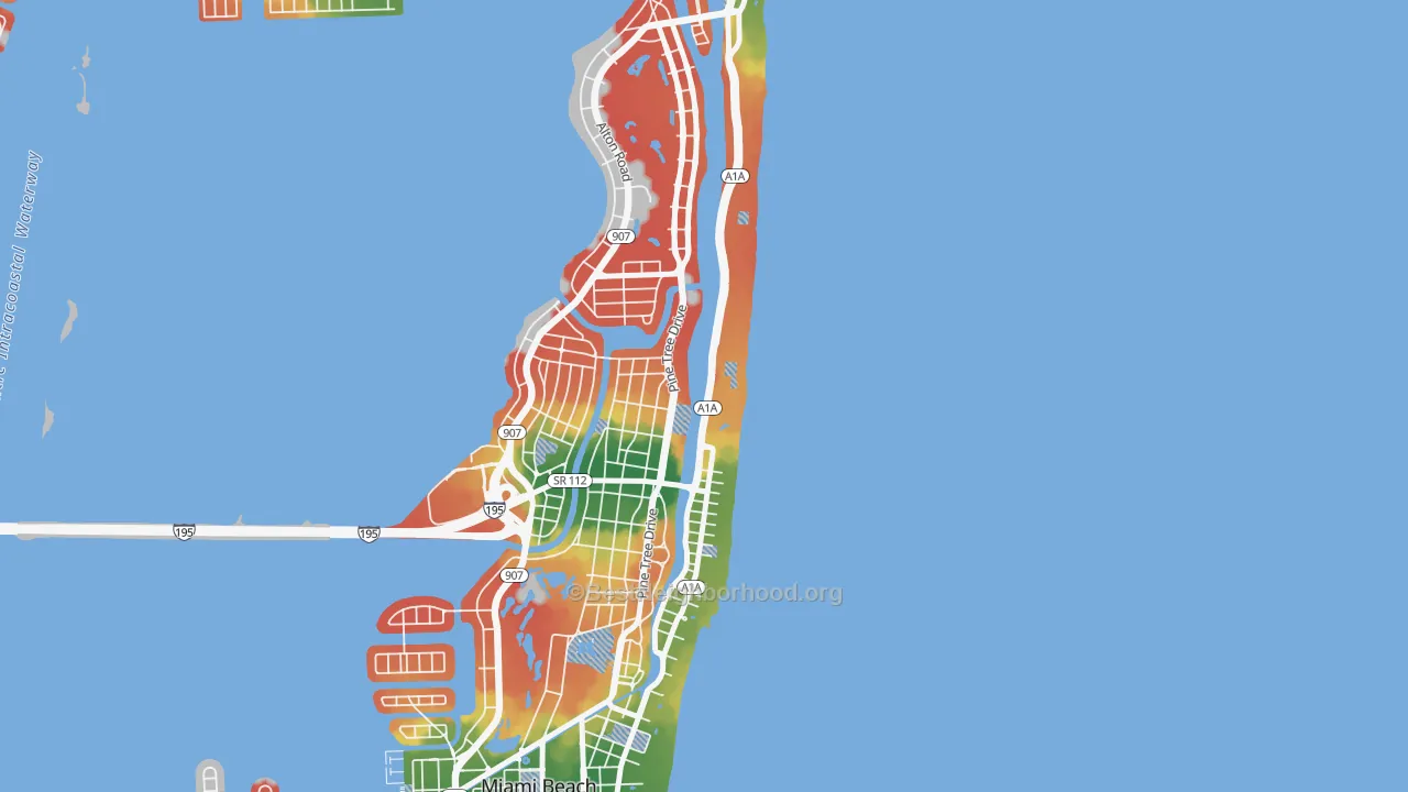 Walk Grade map of Oceanfront, Miami Beach, FL, walkable areas in green and car-dependent areas in red