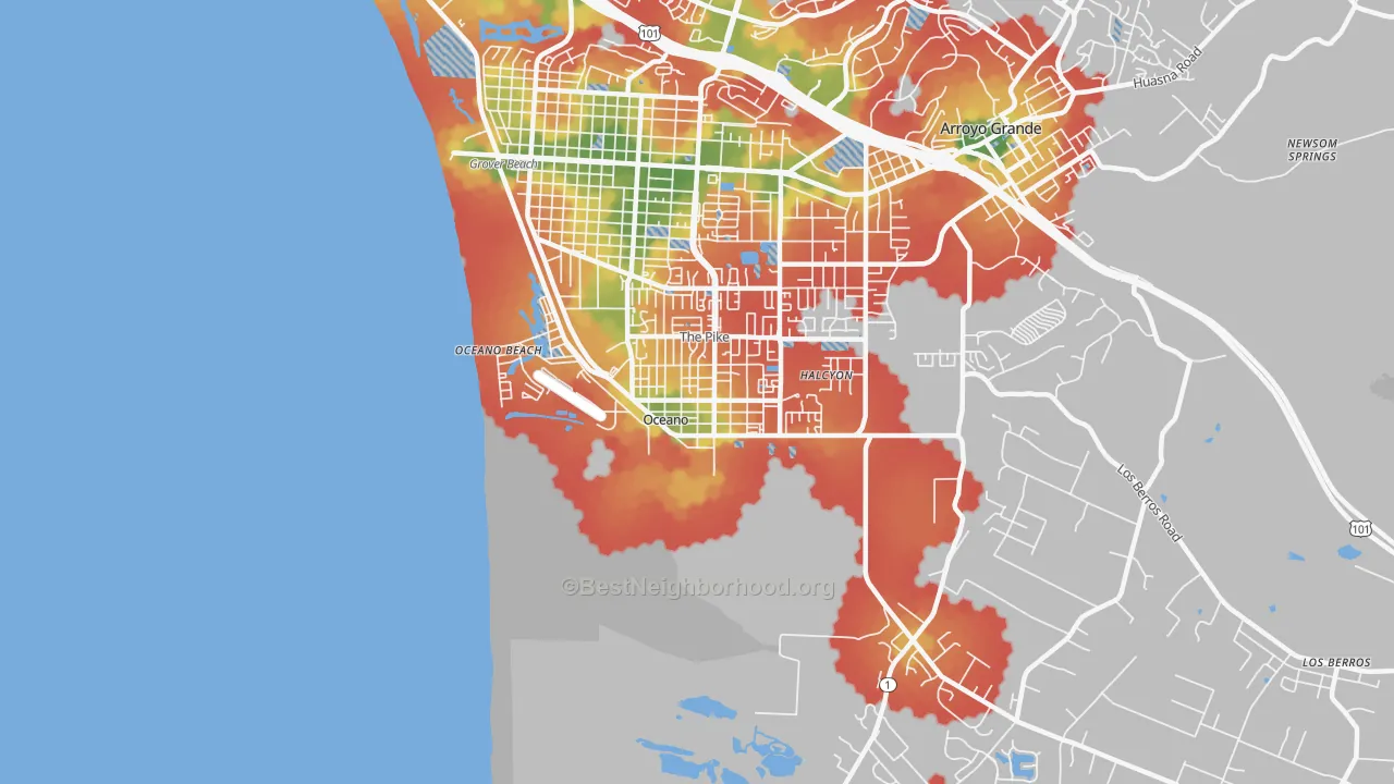 Walk Grade map of Oceano, CA, walkable areas in green and car-dependent areas in red