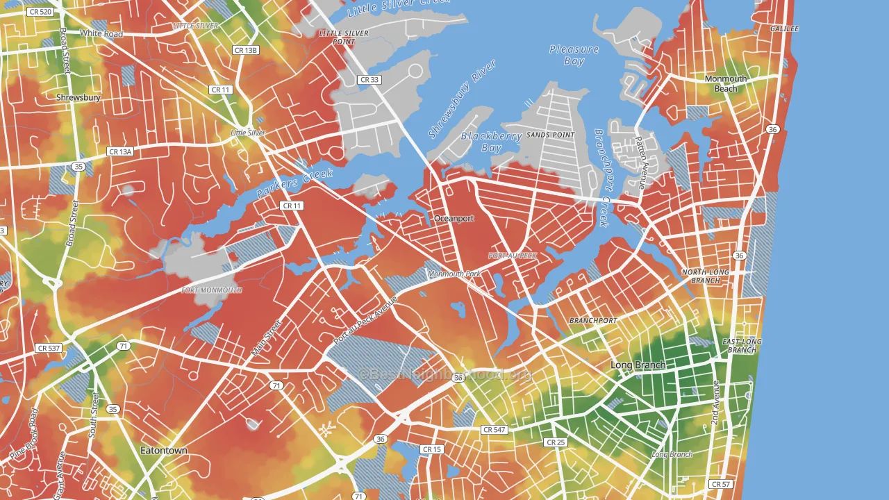 Walk Grade map of Oceanport, NJ, walkable areas in green and car-dependent areas in red