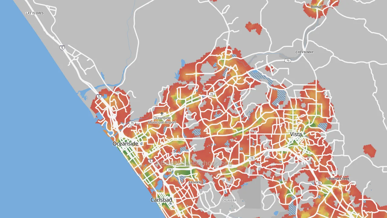 Walk Grade map of Oceanside, CA, walkable areas in green and car-dependent areas in red