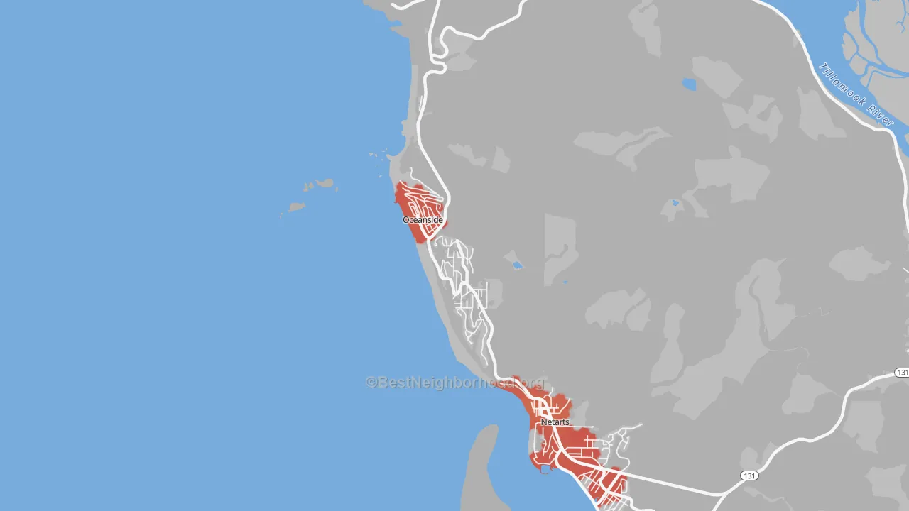 Walk Grade map of Oceanside, OR, walkable areas in green and car-dependent areas in red