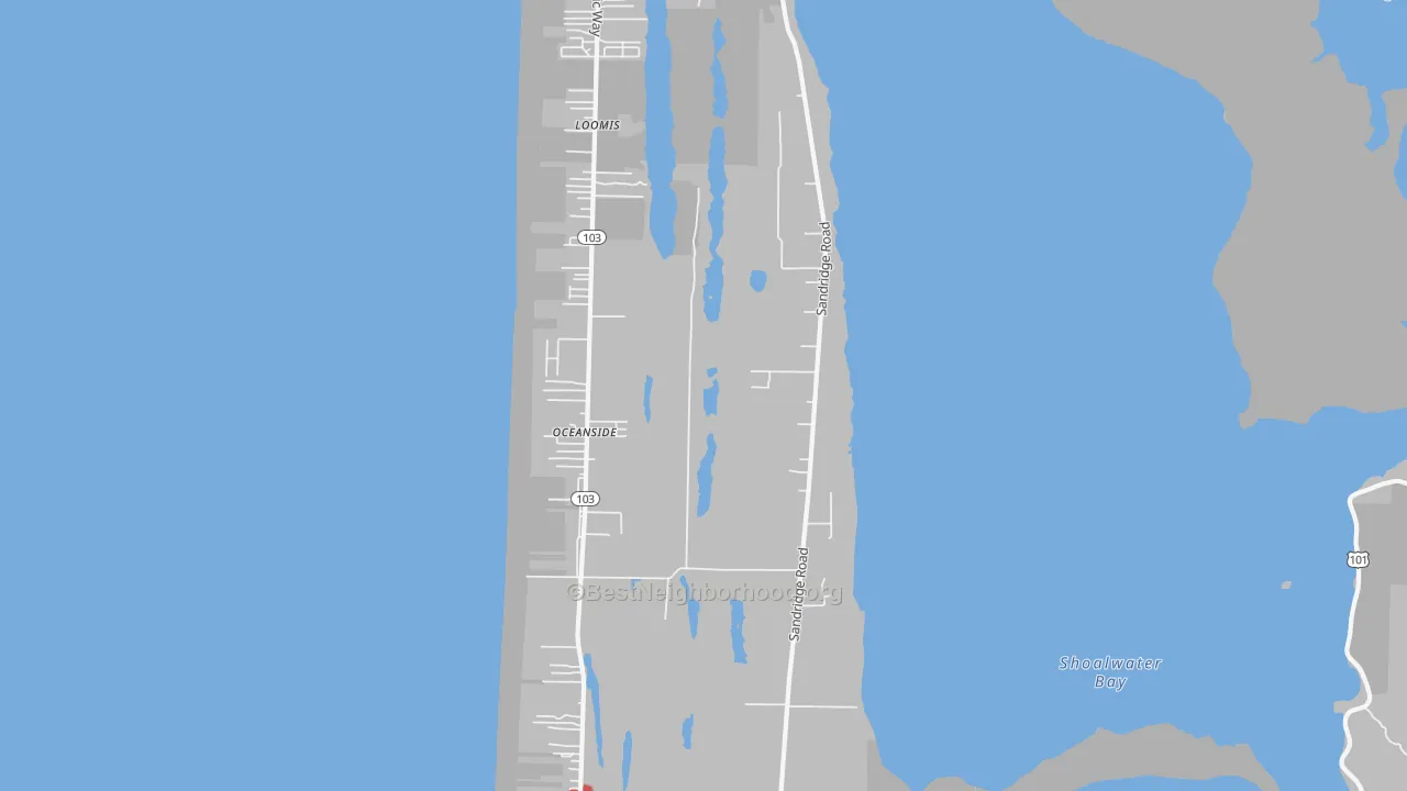 Walk Grade map of Oceanside, WA, walkable areas in green and car-dependent areas in red