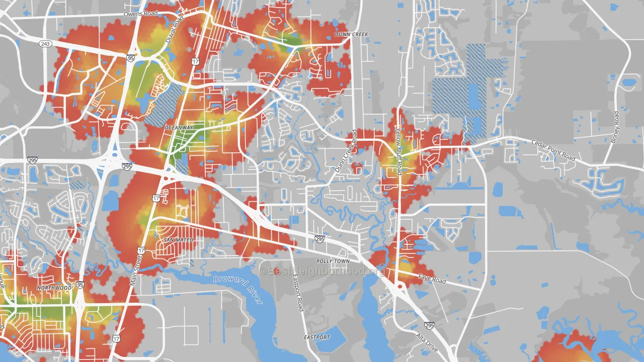 Walk Grade map of Oceanway, Jacksonville, FL, walkable areas in green and car-dependent areas in red