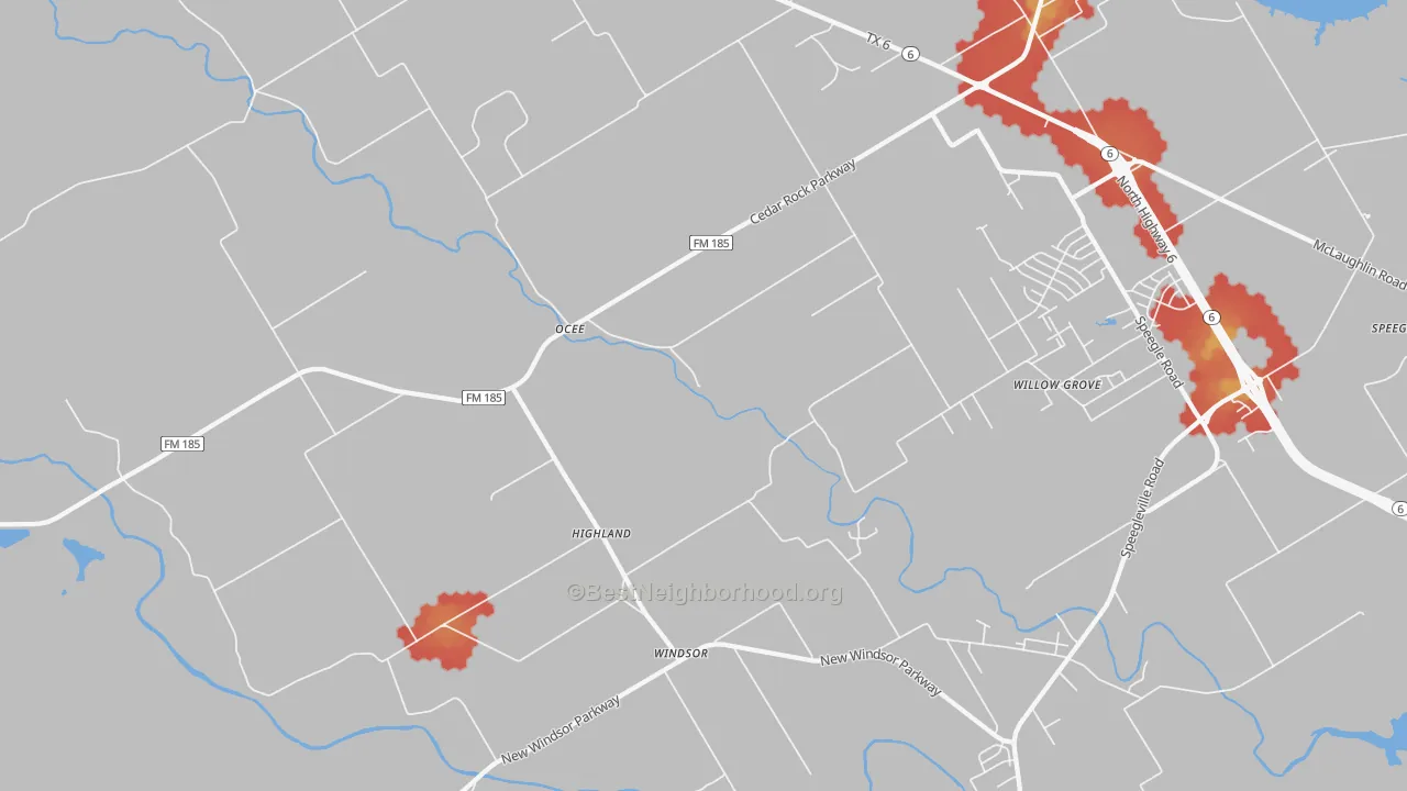 Walk Grade map of Ocee, TX, walkable areas in green and car-dependent areas in red
