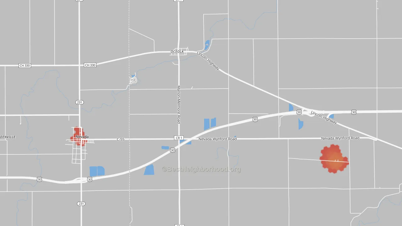 Walk Grade map of Oceola, OH, walkable areas in green and car-dependent areas in red