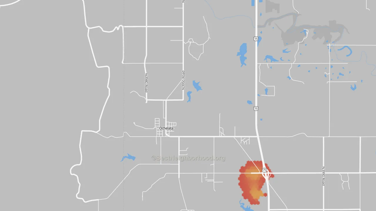 Walk Grade map of Ochelata, OK, walkable areas in green and car-dependent areas in red