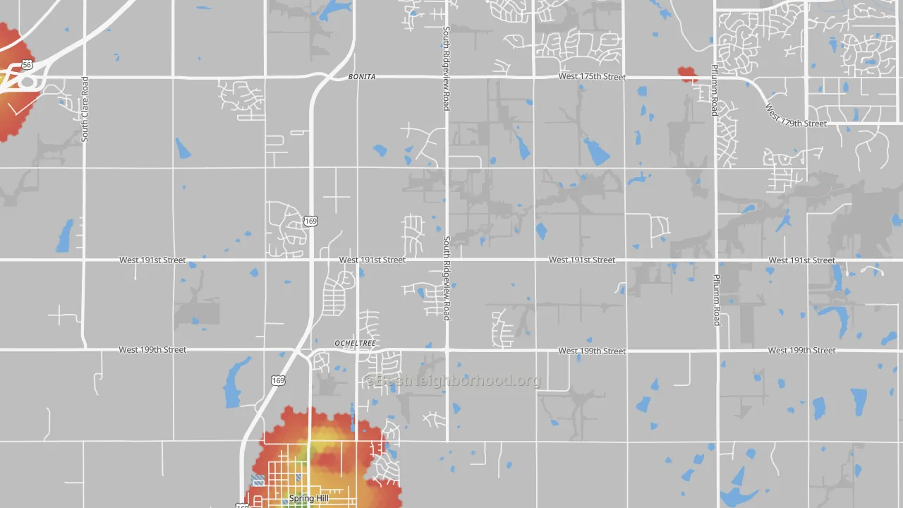 Walk Grade map of Ocheltree, KS, walkable areas in green and car-dependent areas in red