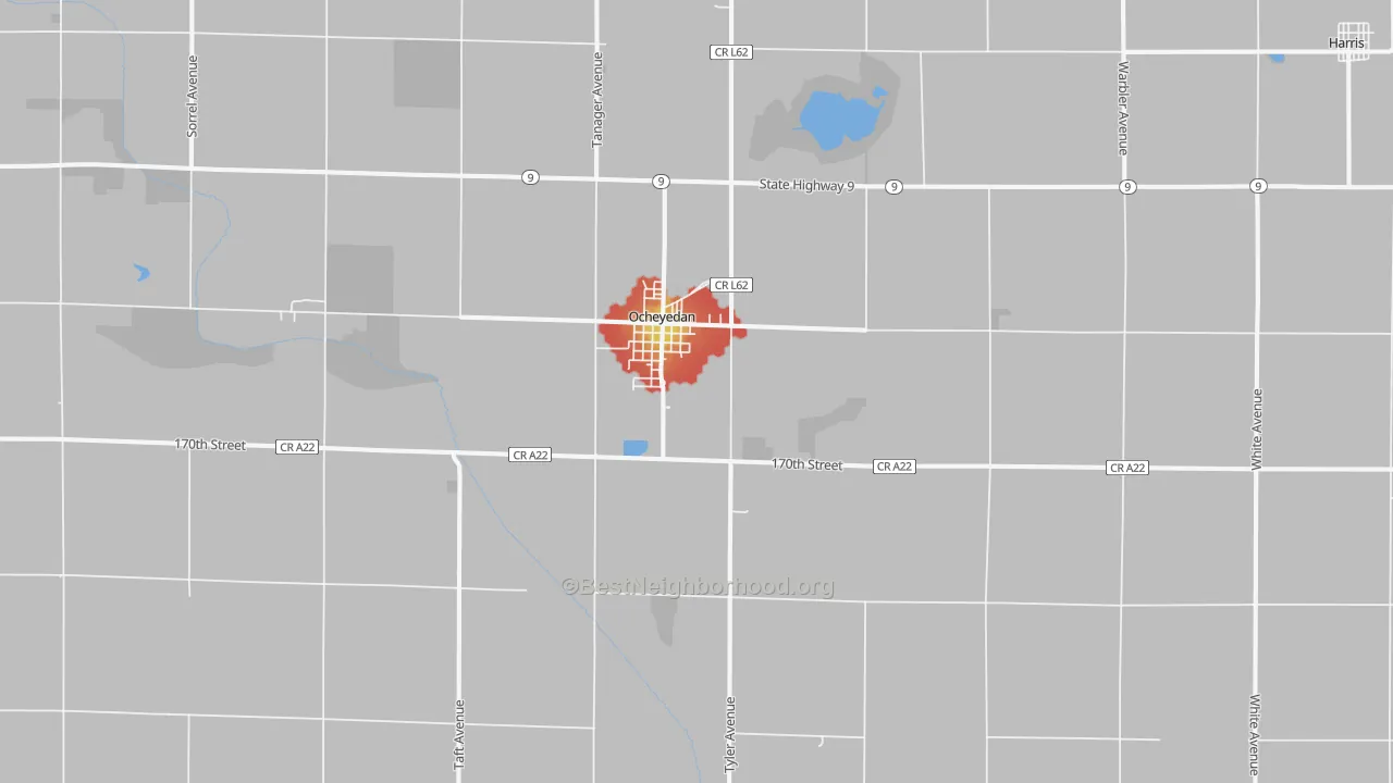 Walk Grade map of Ocheyedan, IA, walkable areas in green and car-dependent areas in red