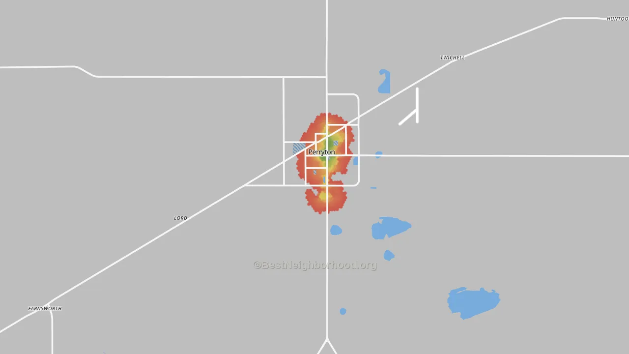 Walk Grade map of Ochiltree County, TX, walkable areas in green and car-dependent areas in red