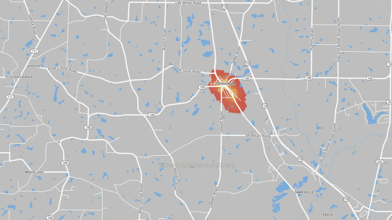 Walk Grade map of Ochlocknee, GA, walkable areas in green and car-dependent areas in red