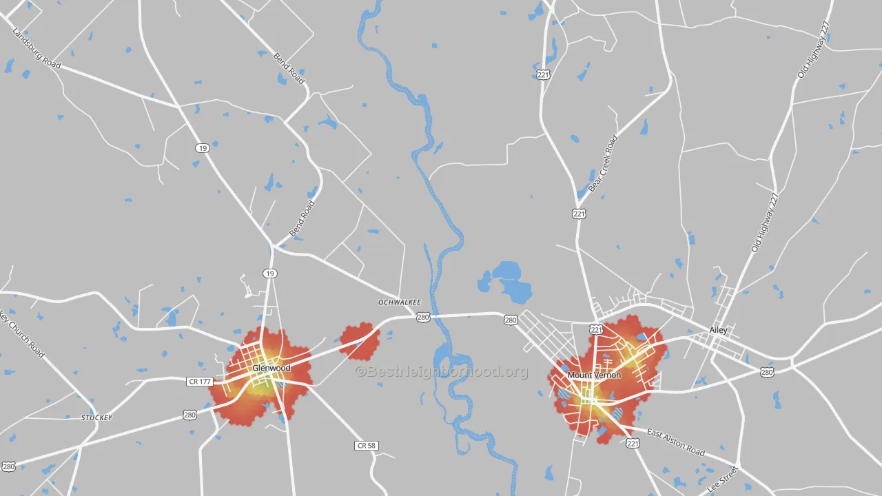 Walk Grade map of Ochwalkee, GA, walkable areas in green and car-dependent areas in red