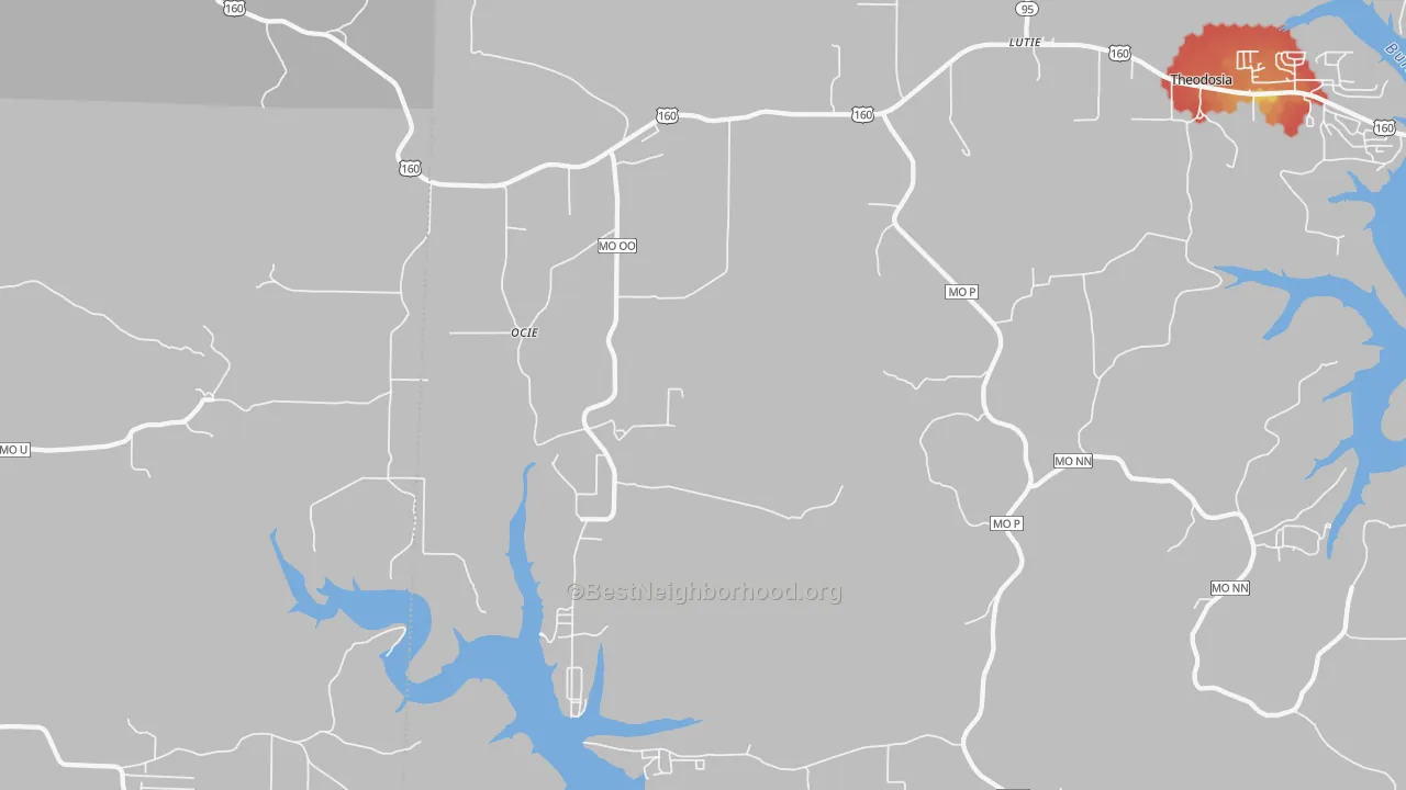 Walk Grade map of Ocie, MO, walkable areas in green and car-dependent areas in red