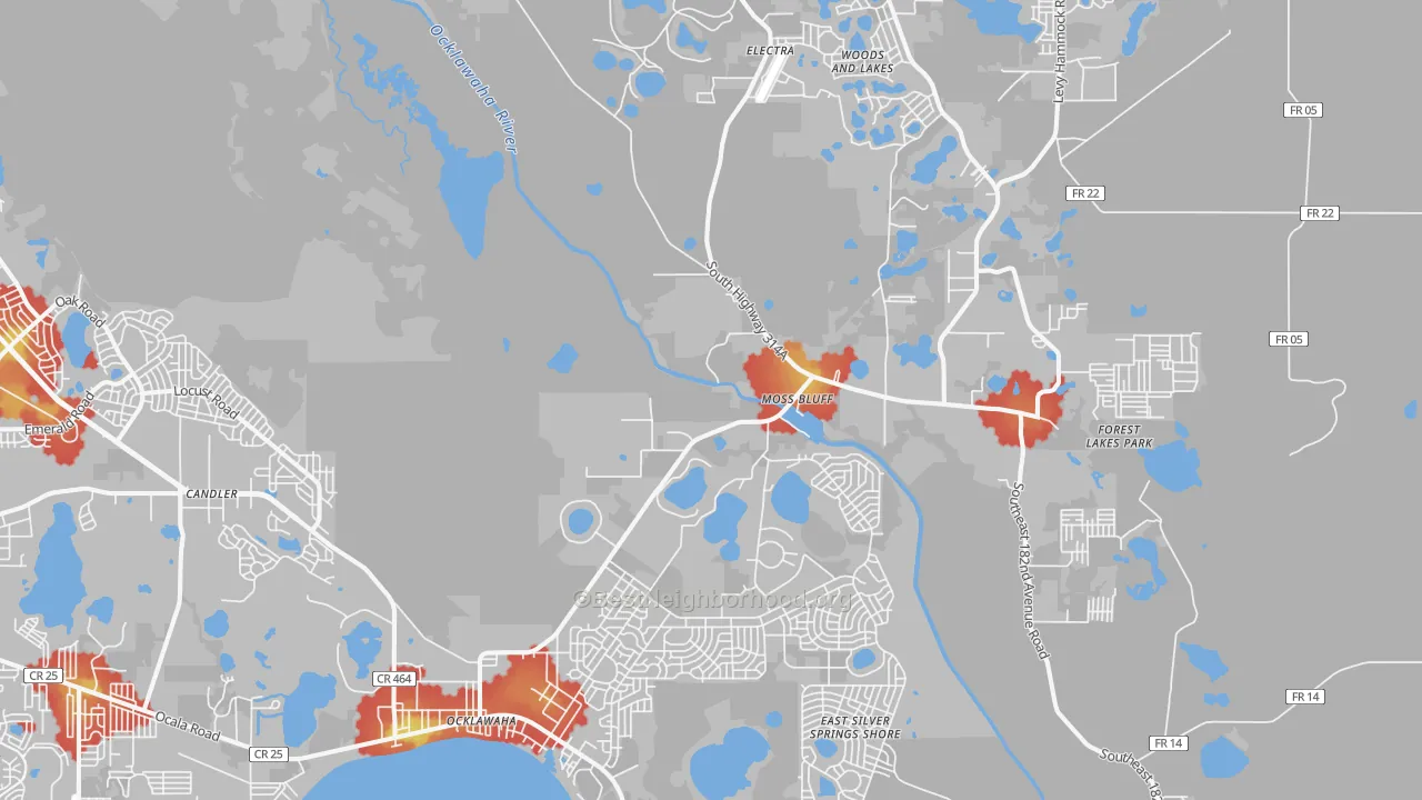 Walk Grade map of Ocklawaha, FL, walkable areas in green and car-dependent areas in red