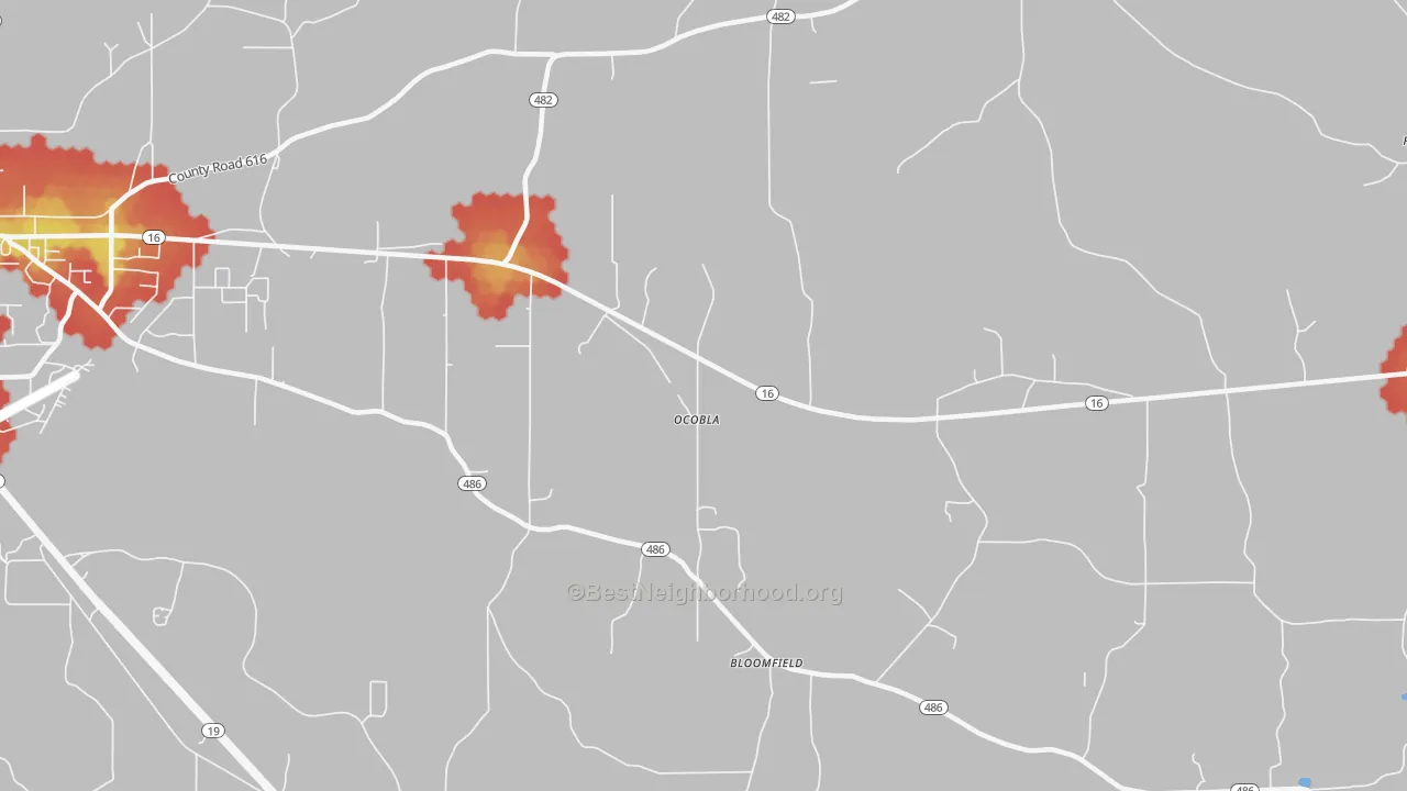 Walk Grade map of Ocobla, MS, walkable areas in green and car-dependent areas in red