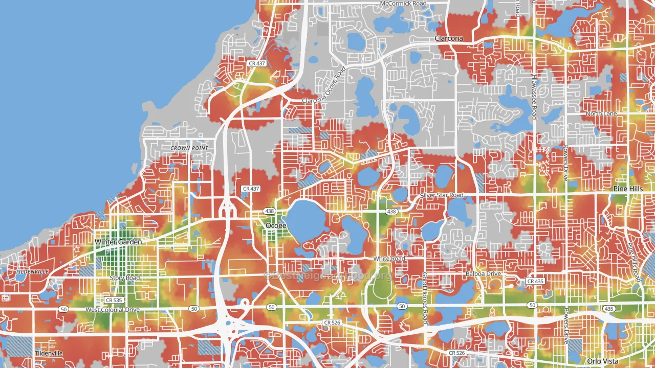 Walk Grade map of Ocoee, FL, walkable areas in green and car-dependent areas in red