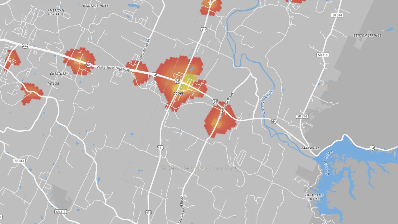 Walk Grade map of Ocoee, TN, walkable areas in green and car-dependent areas in red